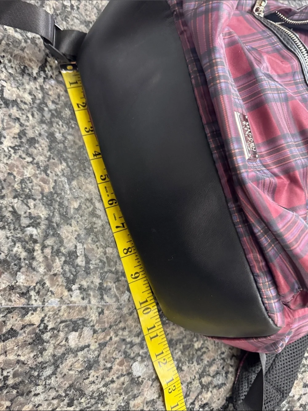 Madden NYC Burgundy Plaid Backpack with Front Zip Pocket shiny silver hardware